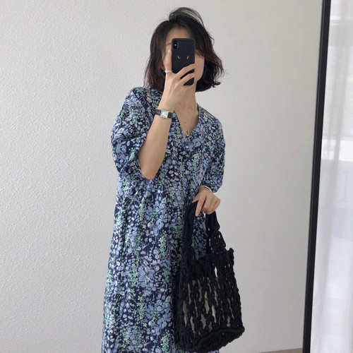 韓國chic2025夏季新款寬松顯瘦法式復古氣質v領碎花雪紡連衣裙女