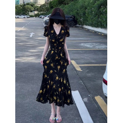 黑色雪紡碎花連衣裙女夏季2025新款法式赫本風魚尾裙修身顯瘦長裙