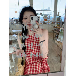 法式復古少女感紅色格紋連衣裙女夏季設計感小衆無袖背心裙小個子