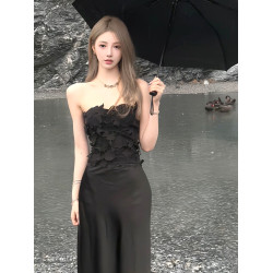 NANNI奈歐覔 黑色提花吊帶連衣裙性感裹胸長裙微透長款收腰裙子