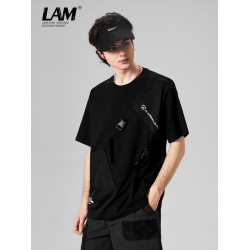 LAMLICKA日系機能風拼接圓領短袖2024新款男T恤純棉休閒體恤寬松