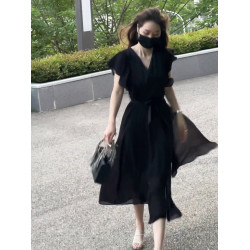 黑色雪紡連衣裙女夏2025新款法式赫本風小衆設計收腰顯瘦V領長裙