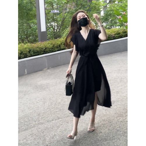 黑色雪紡連衣裙女夏2025新款法式赫本風小衆設計收腰顯瘦V領長裙