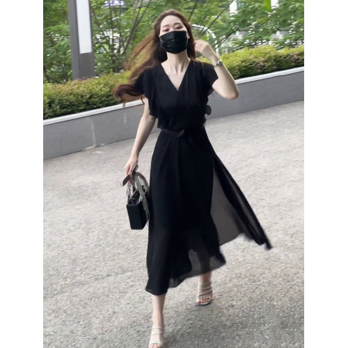 黑色雪紡連衣裙女夏2025新款法式赫本風小衆設計收腰顯瘦V領長裙