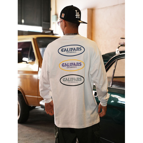 Califans美式310g印花重磅純棉圓領寬松大碼長袖基礎打底衫男T恤