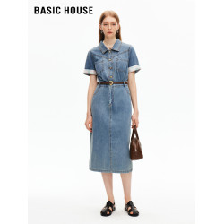 百家好/Basic House時尚翻領拼接袖口牛仔短袖連衣裙女復古長裙夏