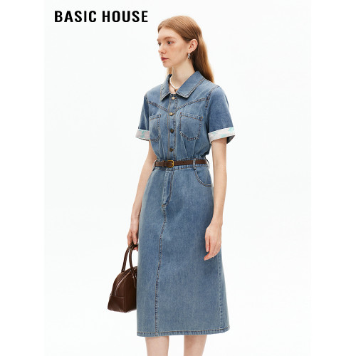百家好/Basic House時尚翻領拼接袖口牛仔短袖連衣裙女復古長裙夏
