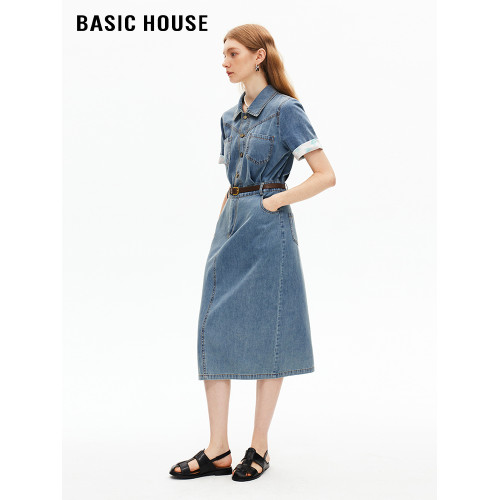 百家好/Basic House時尚翻領拼接袖口牛仔短袖連衣裙女復古長裙夏