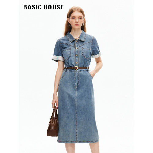 百家好/Basic House時尚翻領拼接袖口牛仔短袖連衣裙女復古長裙夏