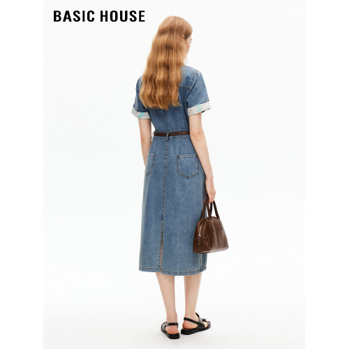 百家好/Basic House時尚翻領拼接袖口牛仔短袖連衣裙女復古長裙夏