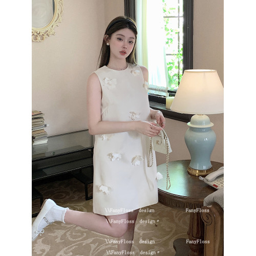 FanyFloss高級感無袖圓領花朵寬松連衣裙法式釘珠顯瘦洋氣娃娃裙