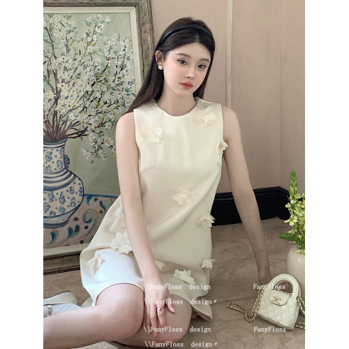 FanyFloss高級感無袖圓領花朵寬松連衣裙法式釘珠顯瘦洋氣娃娃裙