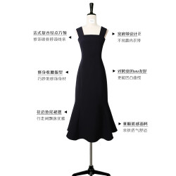 赫本風連衣裙女夏法式小衆設計高級感吊帶魚尾小黑裙禮服年會穿搭