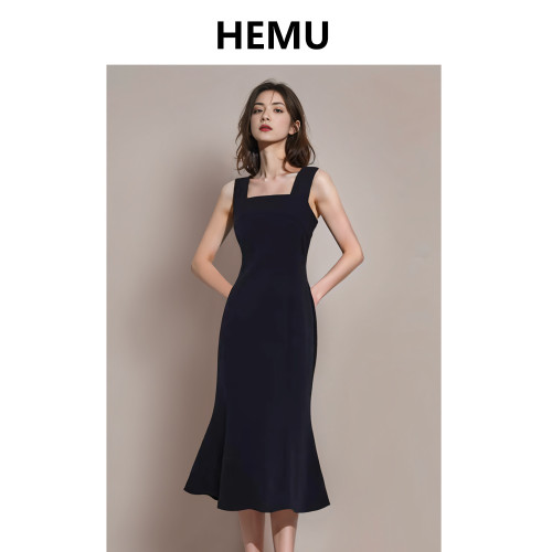 赫本風連衣裙女夏法式小衆設計高級感吊帶魚尾小黑裙禮服年會穿搭