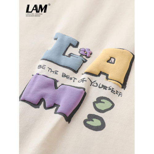 LAMLICKA紫色插肩袖短袖2024新款男T恤髮泡字母潮牌落肩體恤寬松