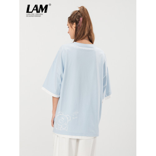 LAMLICKA假兩件短袖2024新款男T恤夏季純棉小熊情侶落肩體恤寬松
