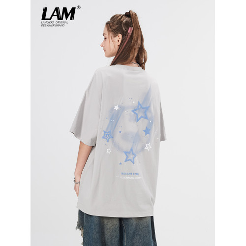 LAMLICKA髮泡字母短袖2024新款男T恤潮牌淺灰情侶裝落肩體恤寬松