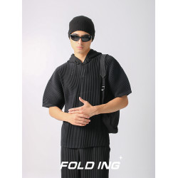 FOLDING 三宅風日系褶皺夏季寬松休閒套頭半袖連帽衛衣短袖男T恤