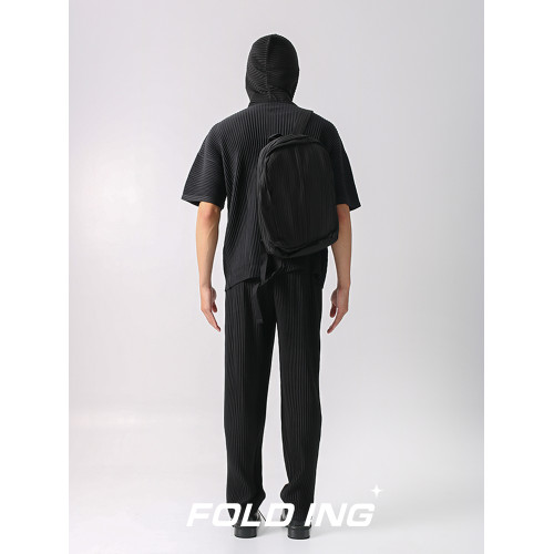 FOLDING 三宅風日系褶皺夏季寬松休閒套頭半袖連帽衛衣短袖男T恤