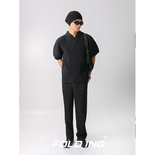 FOLDING 三宅風日系褶皺夏季寬松休閒套頭半袖連帽衛衣短袖男T恤