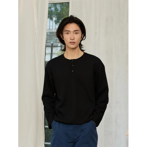 華夫格亨利領長袖*4JUNKS百搭老錢polo衫長袖男t恤打底衫cleanfit