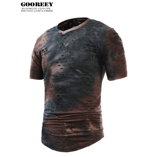 GooReey！夏季休閒個性破洞做舊拼色V領短袖男T恤潮流歐美簡約男T