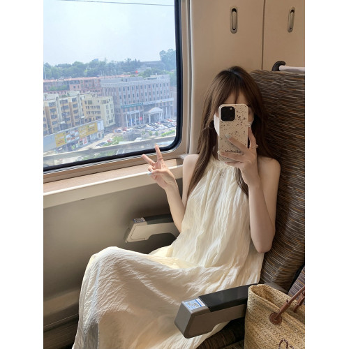 白色無袖背心連衣裙子女夏季2025新款海邊度假風掛脖吊帶沙灘長裙