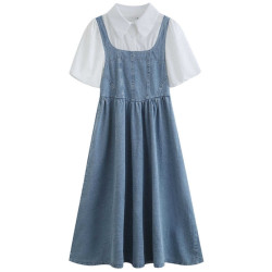 泡泡袖牛仔連衣裙女裝夏季2025小清新減齡假兩件套裝少女背帶裙子