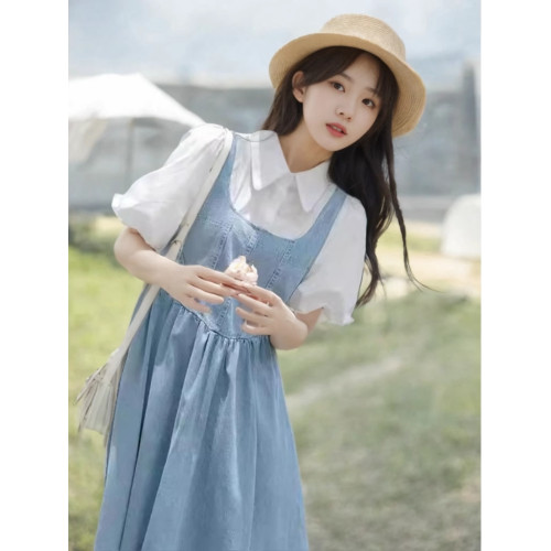 泡泡袖牛仔連衣裙女裝夏季2025小清新減齡假兩件套裝少女背帶裙子
