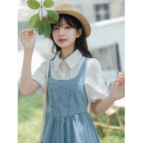 泡泡袖牛仔連衣裙女裝夏季2025小清新減齡假兩件套裝少女背帶裙子