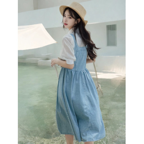 泡泡袖牛仔連衣裙女裝夏季2025小清新減齡假兩件套裝少女背帶裙子