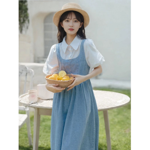 泡泡袖牛仔連衣裙女裝夏季2025小清新減齡假兩件套裝少女背帶裙子