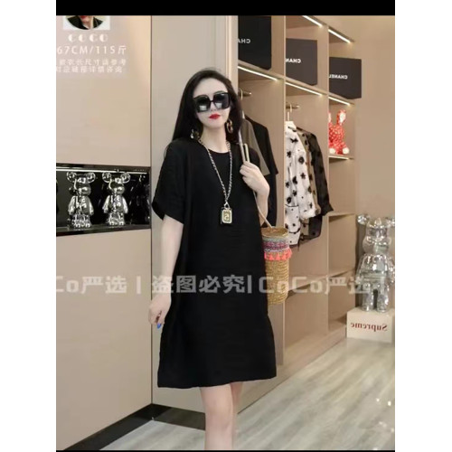 歐貨簡約寬松短袖連衣裙女夏百搭減齡寬松顯瘦中長款t恤大碼遮肉