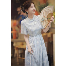 歐洲站2025新中式改良旗袍輕奢法式高級感氣質絕美藍色碎花連衣裙