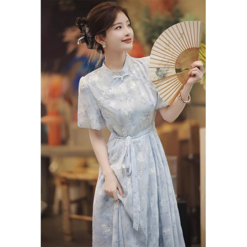歐洲站2025新中式改良旗袍輕奢法式高級感氣質絕美藍色碎花連衣裙