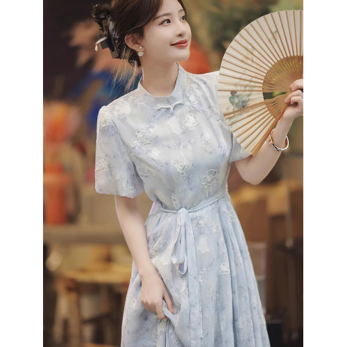 歐洲站2025新中式改良旗袍輕奢法式高級感氣質絕美藍色碎花連衣裙