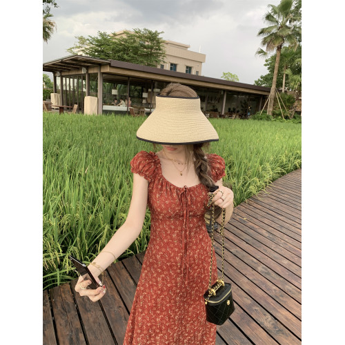 大碼胖mm茶歇復古顯白紅色碎花連衣裙女夏季新款泡泡袖長款A字裙