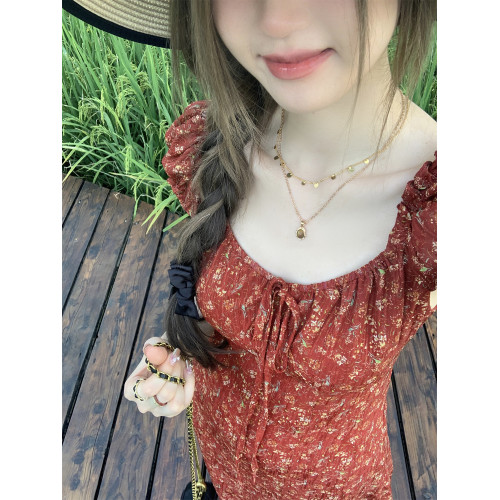 大碼胖mm茶歇復古顯白紅色碎花連衣裙女夏季新款泡泡袖長款A字裙