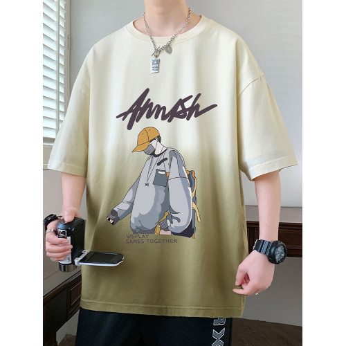 漸變色短袖男夏季寬松卡通印花五分袖上衣服t青少年休閒半袖男T恤