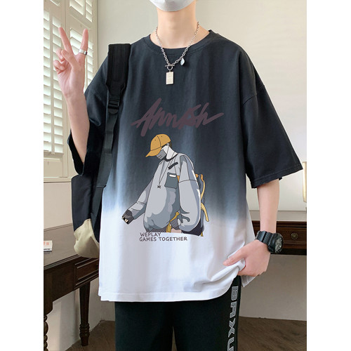 漸變色短袖男夏季寬松卡通印花五分袖上衣服t青少年休閒半袖男T恤