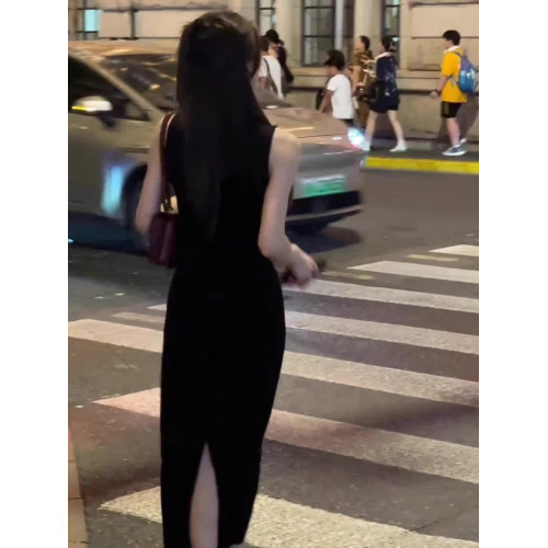 歐洲站2025新款法式高級感氣質長裙高冷禦姐風黑色無袖連衣裙女夏