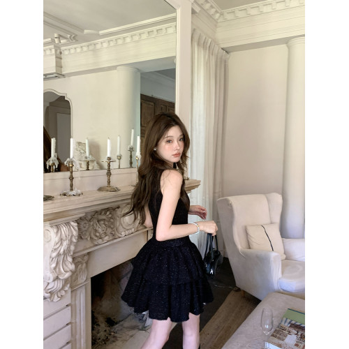 Blue Vintage春夏辣妹生日裙子高級感法式小黑裙黑色連衣裙禮服女