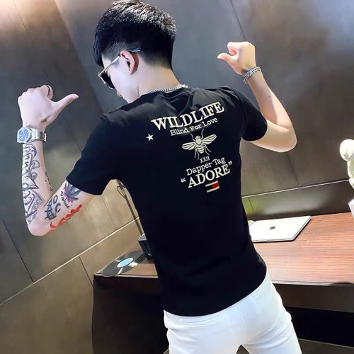 香港潮牌夏季男t恤高級上衣短袖男修身半袖緊身刺綉社會小夥體恤