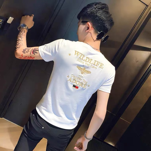 香港潮牌夏季男t恤高級上衣短袖男修身半袖緊身刺綉社會小夥體恤