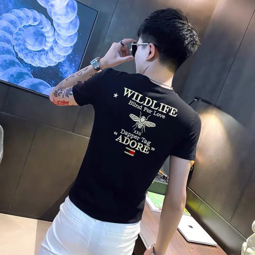 香港潮牌夏季男t恤高級上衣短袖男修身半袖緊身刺綉社會小夥體恤