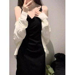 赫本法式聚會晚禮服連衣裙女裝夏季風小黑禦姐輕熟感吊帶裙子