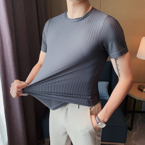 夏季薄款圓領短袖男T恤男韓版修身彈力冰絲透氣衣服免燙打底體恤