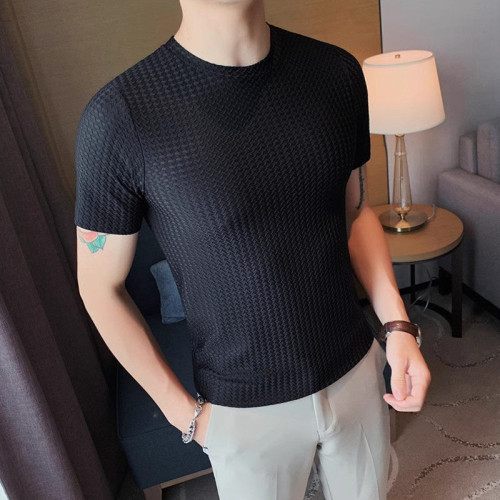 夏季薄款圓領短袖男T恤男韓版修身彈力冰絲透氣衣服免燙打底體恤