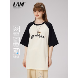 LAMLICKA夏季字母圓領撞色拼接短袖2024新款男T恤潮涼感體恤寬松