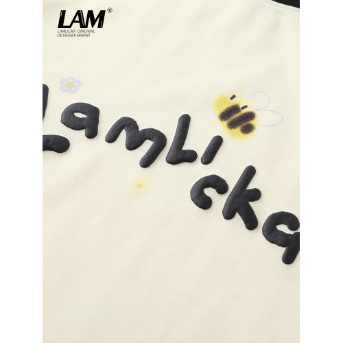 LAMLICKA夏季字母圓領撞色拼接短袖2024新款男T恤潮涼感體恤寬松